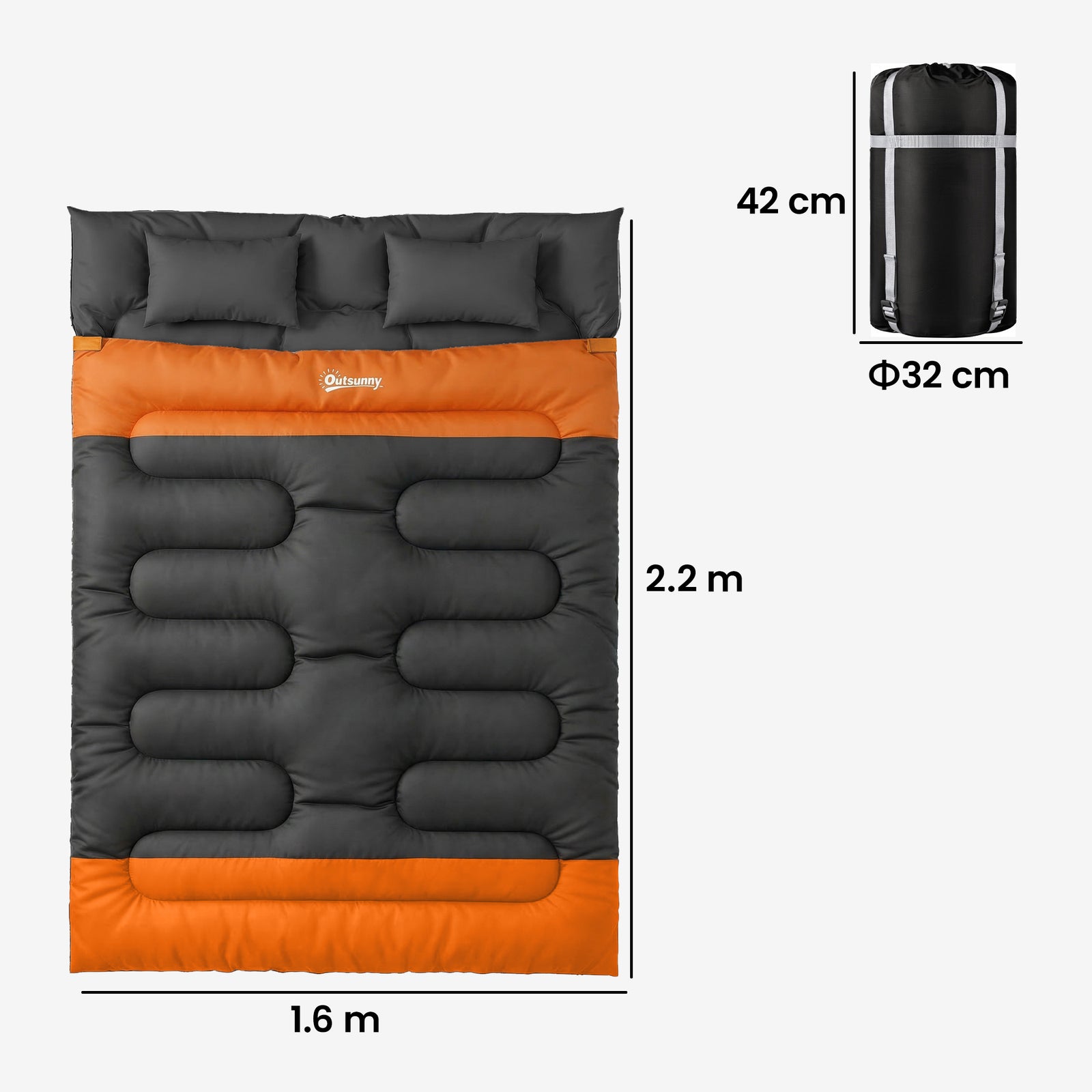 Double Sleeping Bag with 2 Pillows, 220 x 160 cm Extra-Large Sleeping 