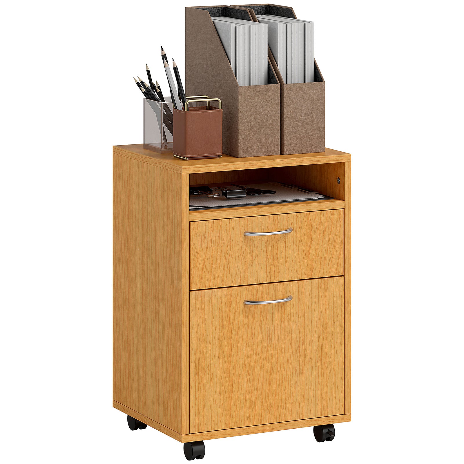 60cm Filing Cabinet with Drawer, Open Shelf, Metal Handles and 4 Wheels, Office Home Organiser Mobile Printer, Natural Wood Finish