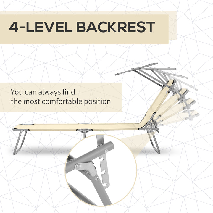 2 Pieces Outdoor Foldable Sun Lounger, 4 Level Adjustable Backrest Reclining Sun Lounger Chair with Angle Adjust Sun Shade Awning for Beach, Garden, Patio, Beige