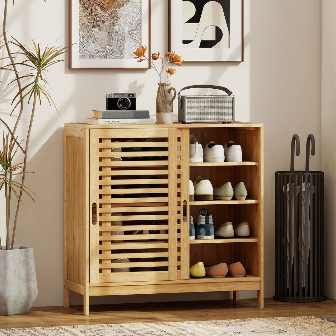 Bamboo Shoe Cabinet with 2 Sliding Slat Doors, 16Pairs, Adjustable - view 2