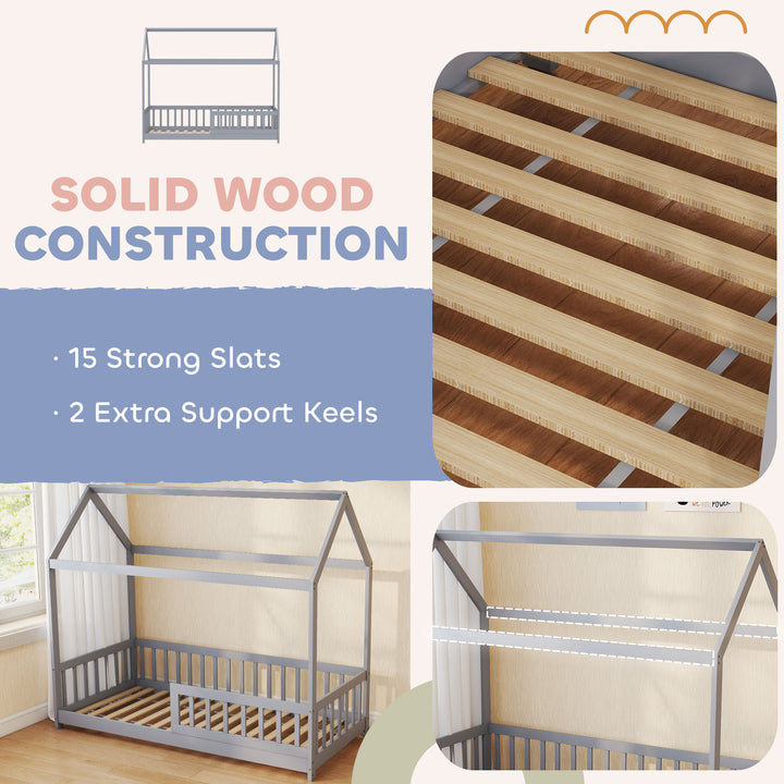 House-Shaped Kids Bed Frame with Guard Rails, Solid Pine Wood Single B