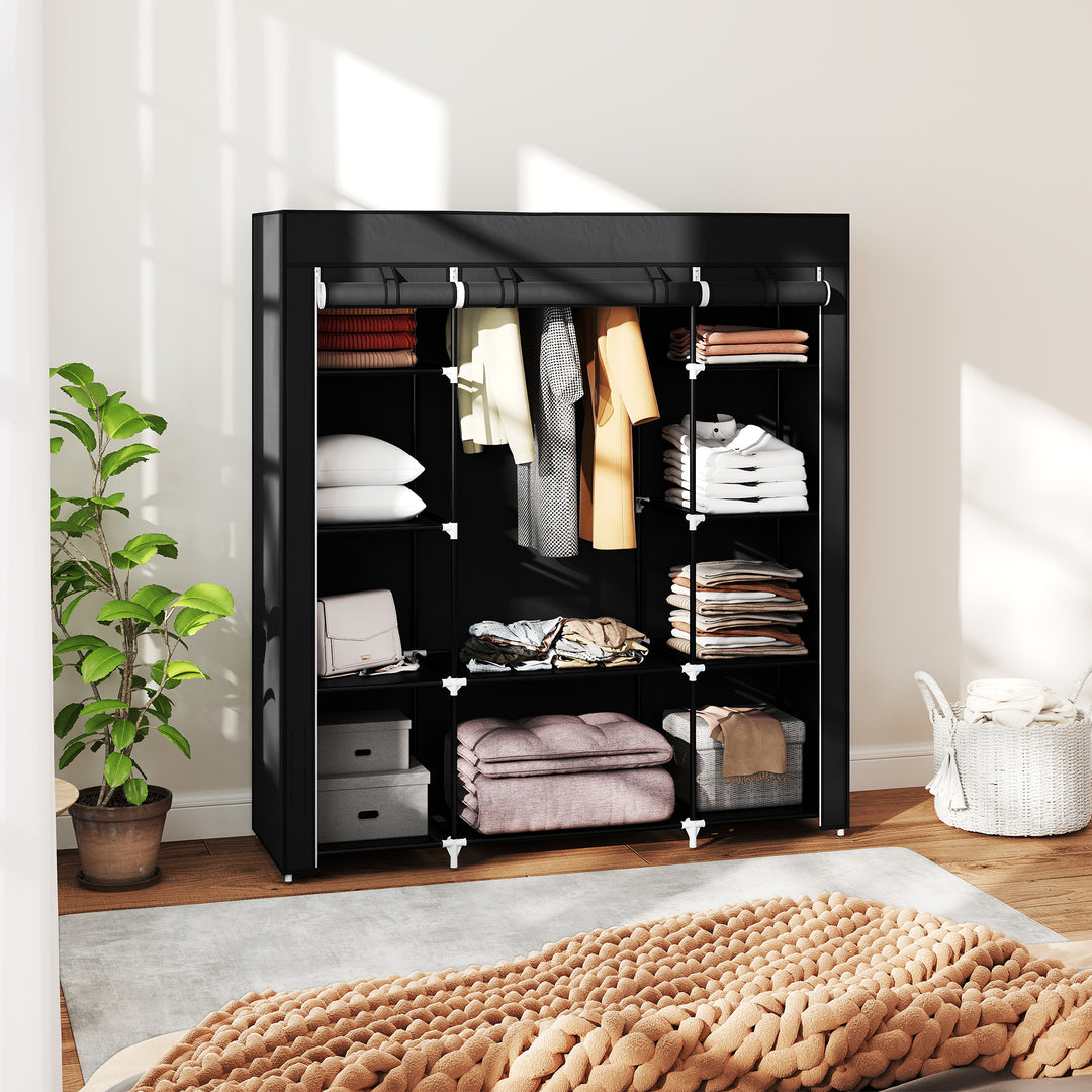 Portable Wardrobe, Foldable Fabric Wardrobe, 150 x 43 x 162.5cm, Clothes Storage Organiser with Hanging Rail, Shelves, Fabric Cover for Bedroom, Black