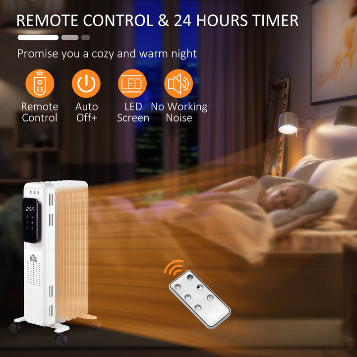 MCL 1500W Oil Filled Radiator, 7 Fin Portable Electric Heater with LED Display, 24H Timer, 3 Heat Settings, Adjustable Thermostat, Safety Cut off, Remote Control, White