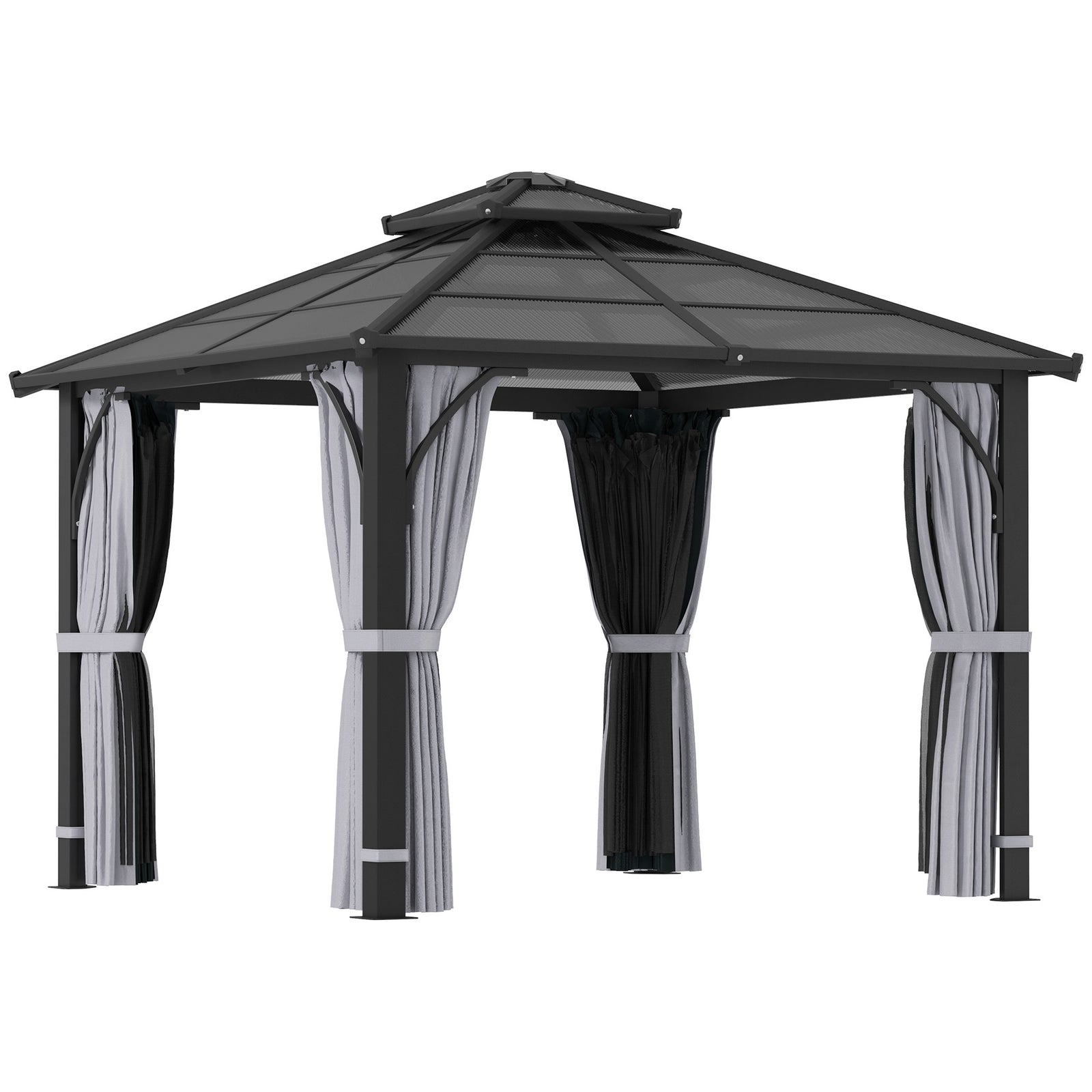 3 x 3(m) Hardtop Gazebo Canopy with 7mm Double Polycarbonate Roof, Garden Gazebo Permanent Pavilion with Mosquito Netting and Curtains for Patio, Deck, Dark Grey