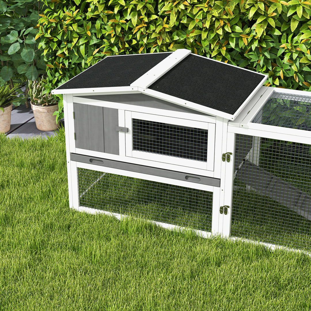 Rabbit Hutch with Run Wooden Guinea Pig Hutch Outdoor Bunny Cage Hide House with Sliding Tray, Hay Rack, Ramp, 156 x 58 x 68cm, Grey