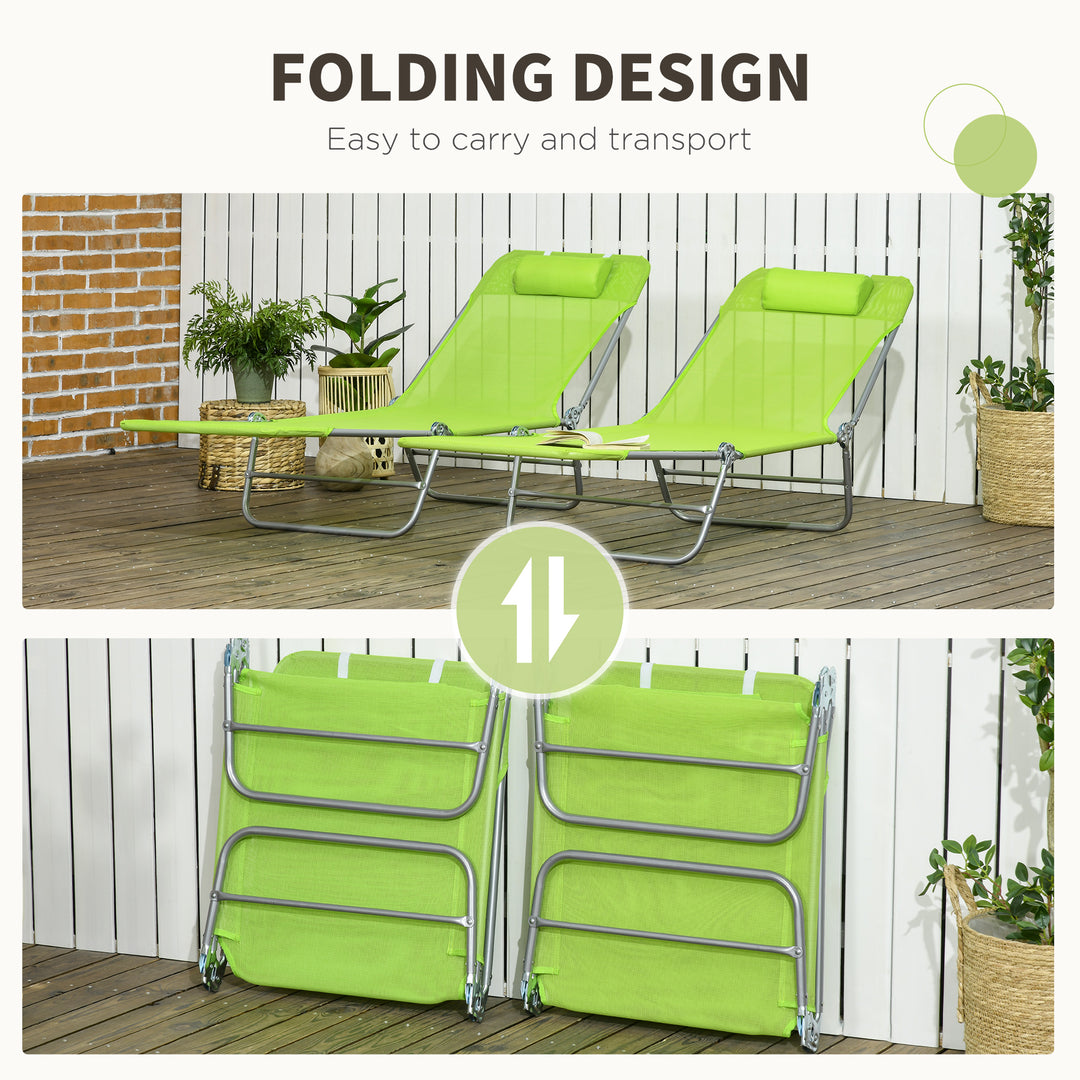 Set of Two Steel Frame Sun Loungers, with Reclining Backs - Green