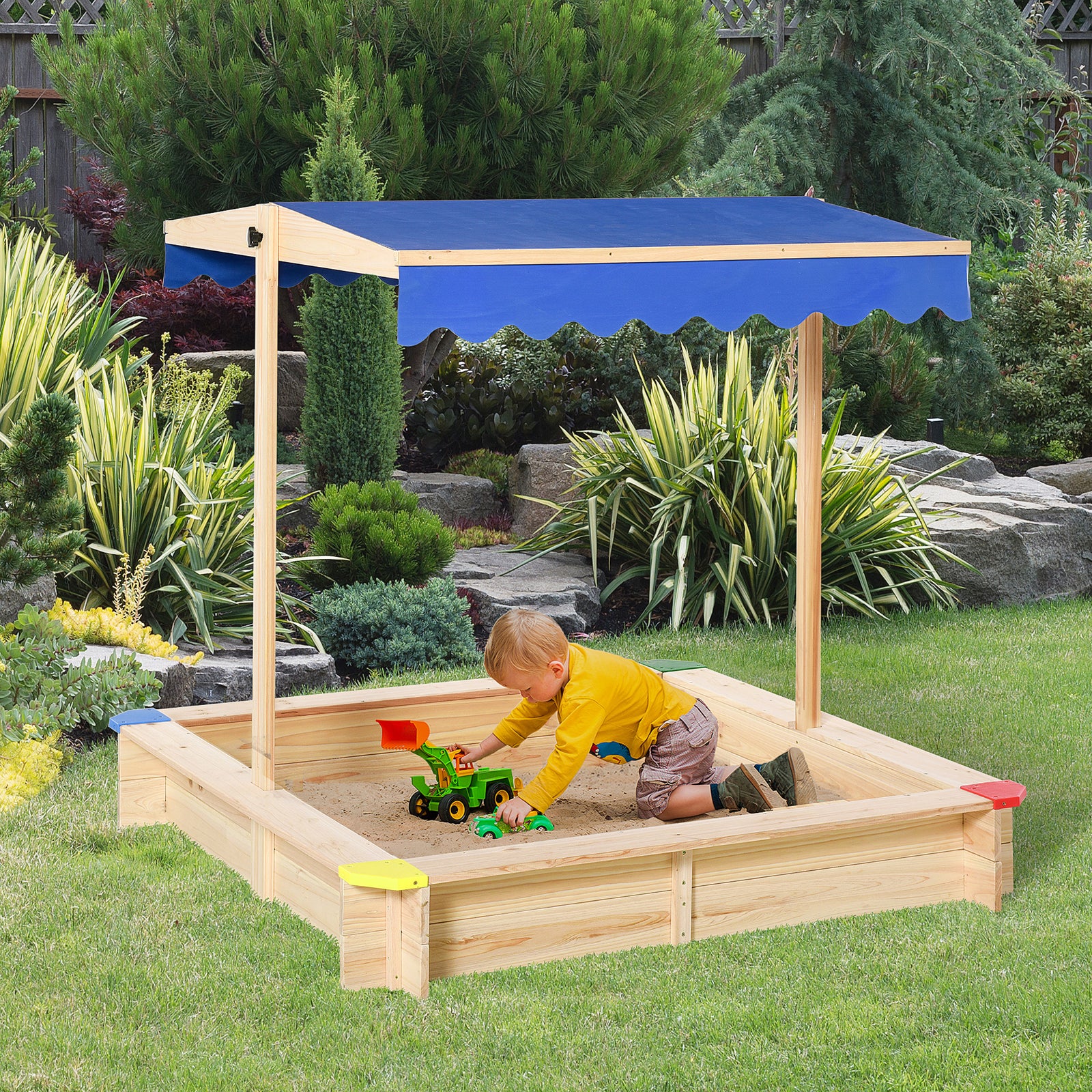 Kids Wooden Sand Pit Sandbox Children Square Outdoor Playset Adjustable Canopy Bench Seat 120x120x120cm