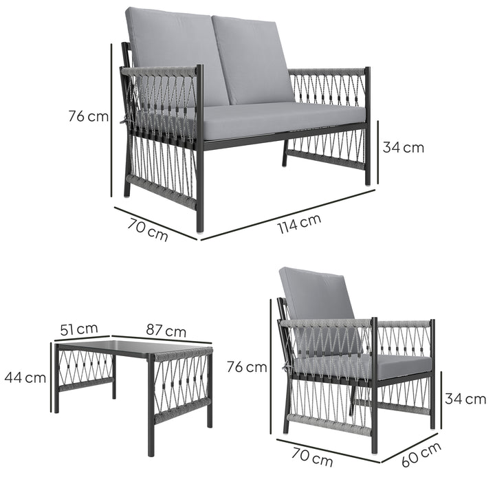 4 Piece Rattan Garden Furniture Set, 4 Seater Wicker Patio Conversation Set with 2 Armchairs, Loveseat, Glass Top Coffee Table and Cushions for Outdoor, Balcony, Grey