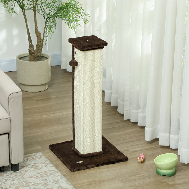 81cm Cat Scratcher, Vertical Full Scratcher w/ Natural Sisal Rope, Hanging Ball, Soft Plush - Brown