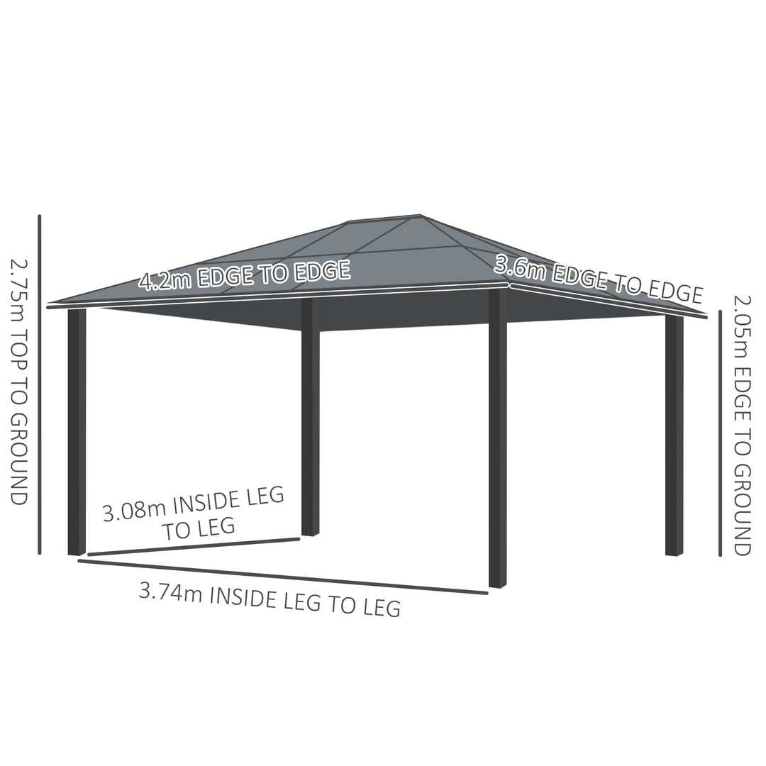 MCL 3.6 x 4m Hardtop Gazebo Canopy with Polycarbonate Roof and Aluminium Frame, Garden Pavilion with Mosquito Netting and Curtains