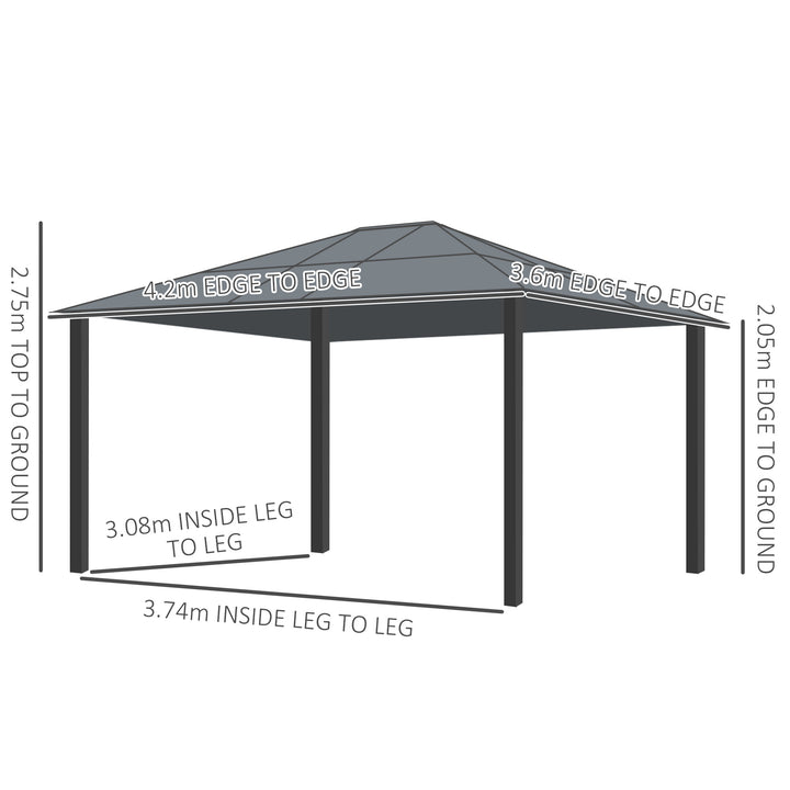 MCL 3.6 x 4m Hardtop Gazebo Canopy with Polycarbonate Roof and Aluminium Frame, Garden Pavilion with Mosquito Netting and Curtains