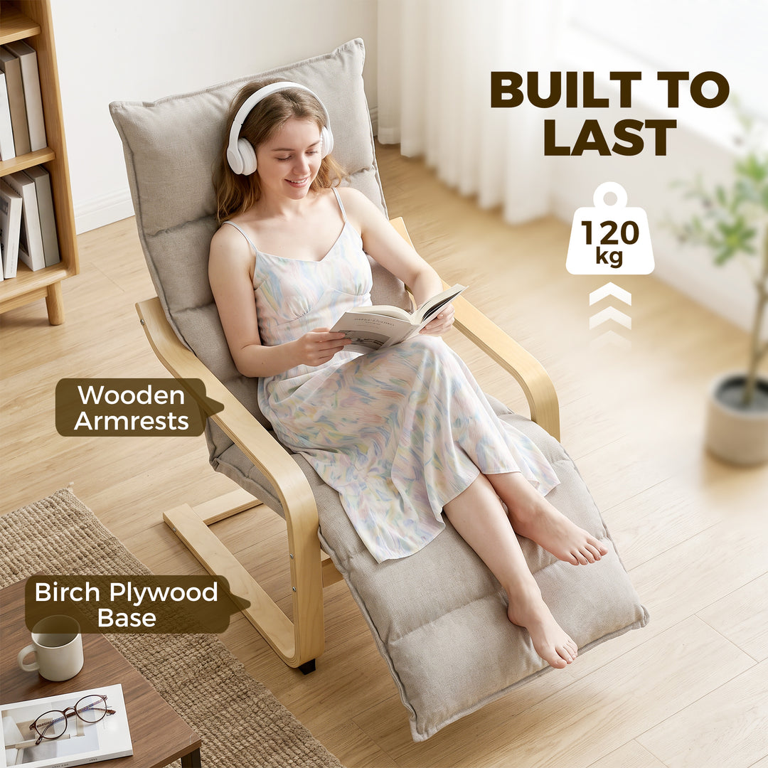 Curved Wooden Accent Chair, Armchair with Adjustable Footrest, Light B