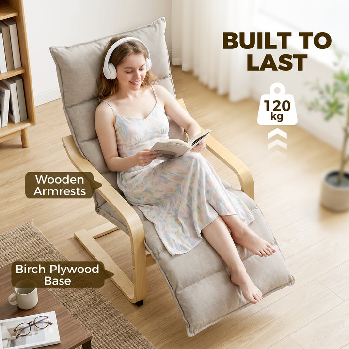 Curved Wooden Accent Chair, Armchair with Adjustable Footrest, Light B