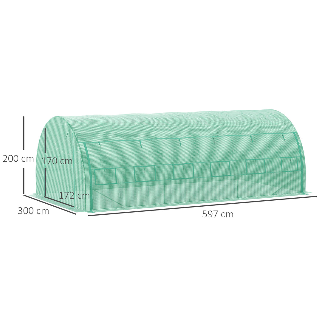 MCL Polytunnel Greenhouse Walk-in Grow House Tent with Roll-up Sidewalls, Zipped Door and 12 Windows, 6x3x2m Green