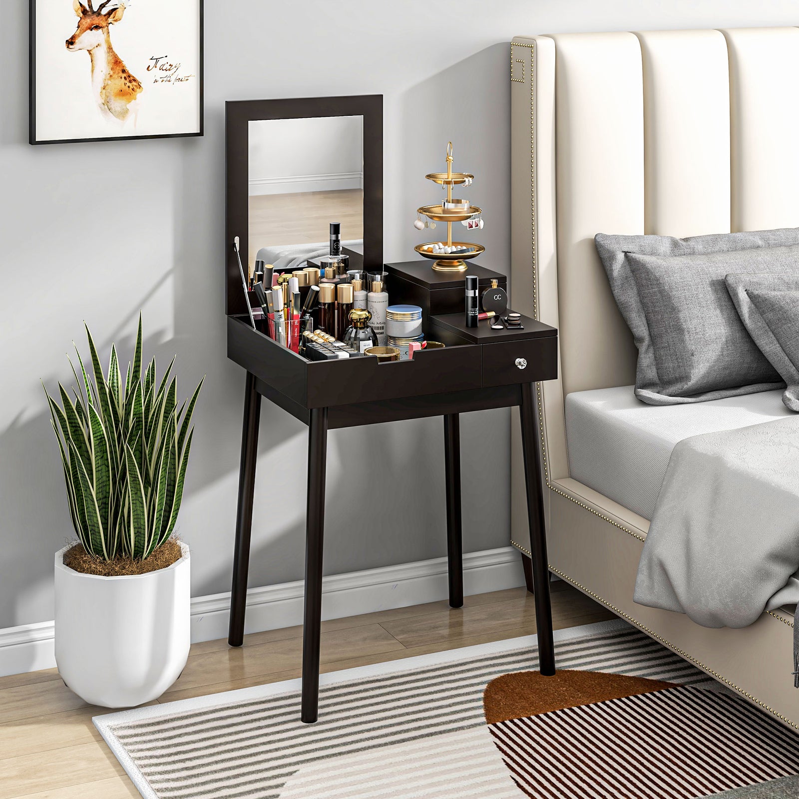 Dressing Table with Flip-up Mirror, Makeup Desk with 2 Drawers, Vanity Table Writing Desk for Bedroom Living Room, Black