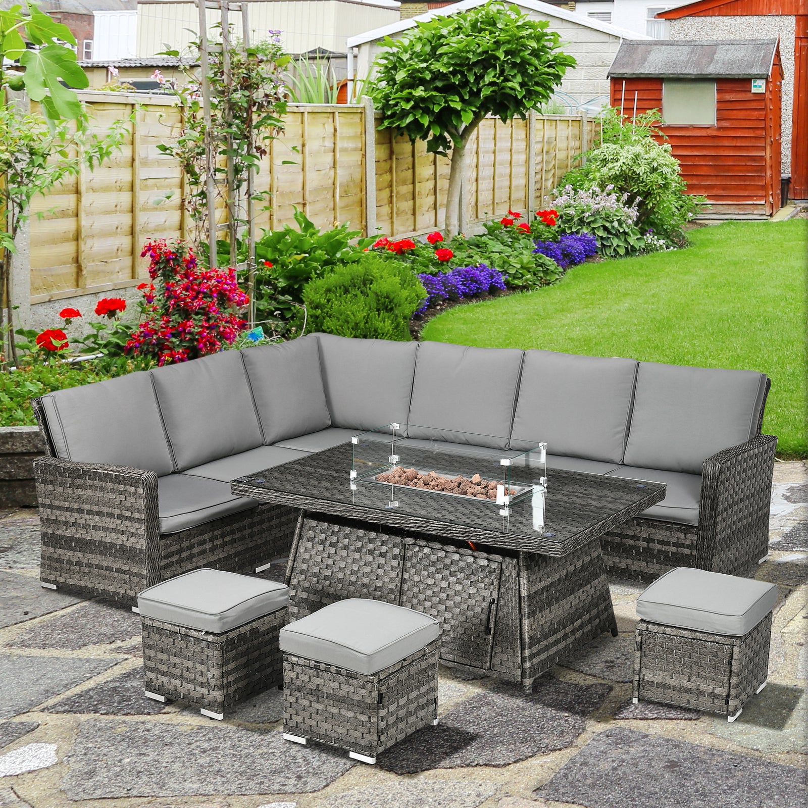 Seven-Piece Firepit Table Rattan Sofa Set - Grey