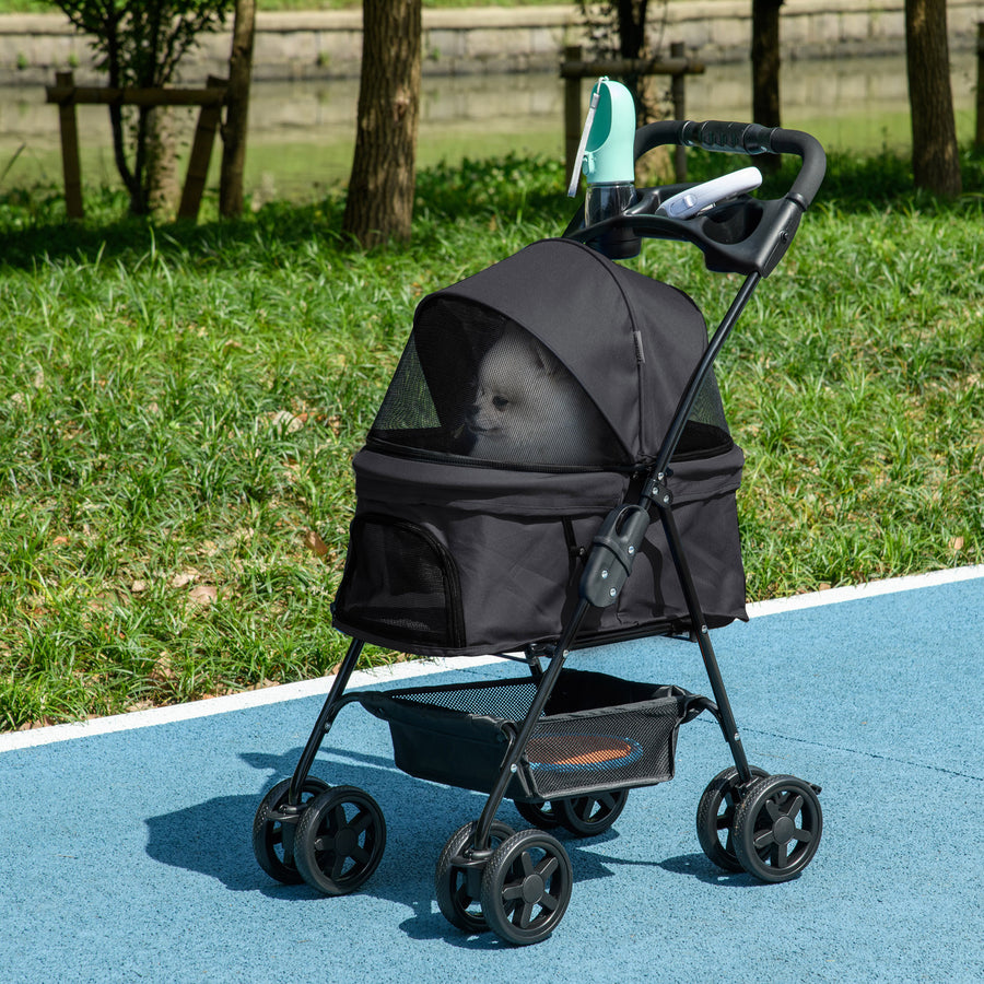 Dog Pram Dog Stroller Foldable Pet Pushchair with 4 Wheels, Safety Leashes, Cup Holder for Small Dogs, Black