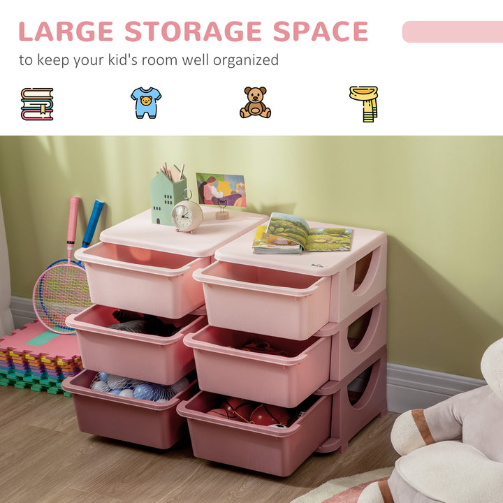 ZONEKIZ Kids Storage Units w/ 6 Drawers, 3 Tier Kids Toy Storage Organizer, Vertical Dresser Tower for Nursery Playroom Kindergarten, Pink | Aosom UK