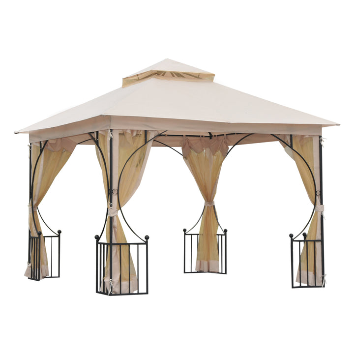 Outsunny Waterproof 3 x 3 M Garden Gazebo Patio Party Tent Shelter Outdoor Canopy Double Tier Sun Shade Metal Frame Beige | Aosom UK