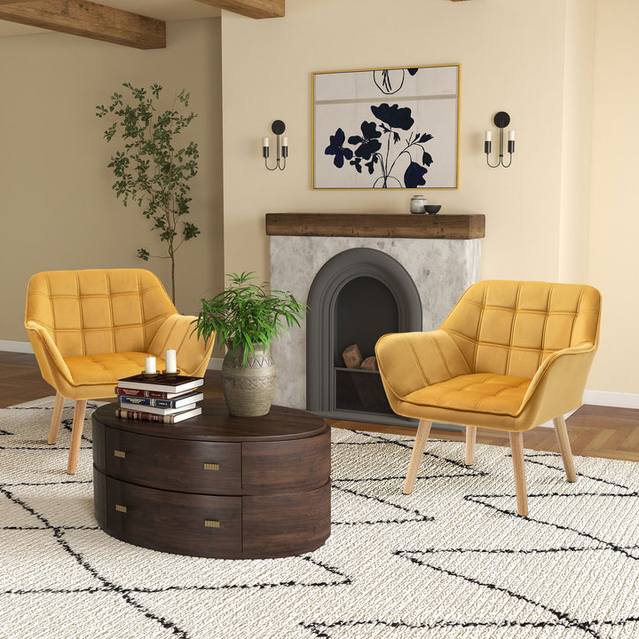 HOMCOM Accent Armchair Duo: Plush Padded Seating with Slanted Back, Iron Frame & Wooden Legs, Sunshine Yellow | Aosom UK