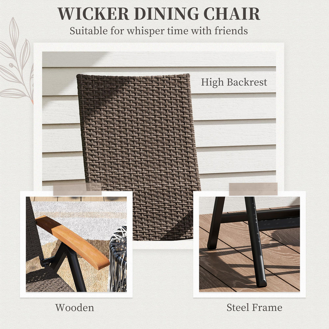 Folding Rattan Garden Dining Chair with 5-level Reclining High Back, Wood Armrests for Outdoor, Patio - Brown