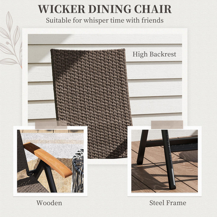 Folding Rattan Garden Dining Chair with 5-level Reclining High Back, Wood Armrests for Outdoor, Patio - Brown