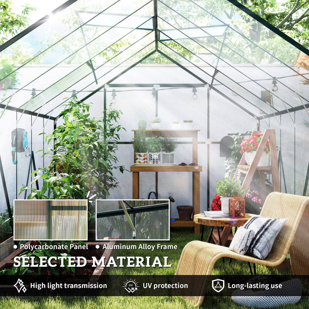 8 x 12ft Aluminium Greenhouse Polycarbonate Walk-in Garden Greenhouse Kit with Adjustable Roof Vent, Double Sliding Door, Rain Gutter and Foundation, Clear