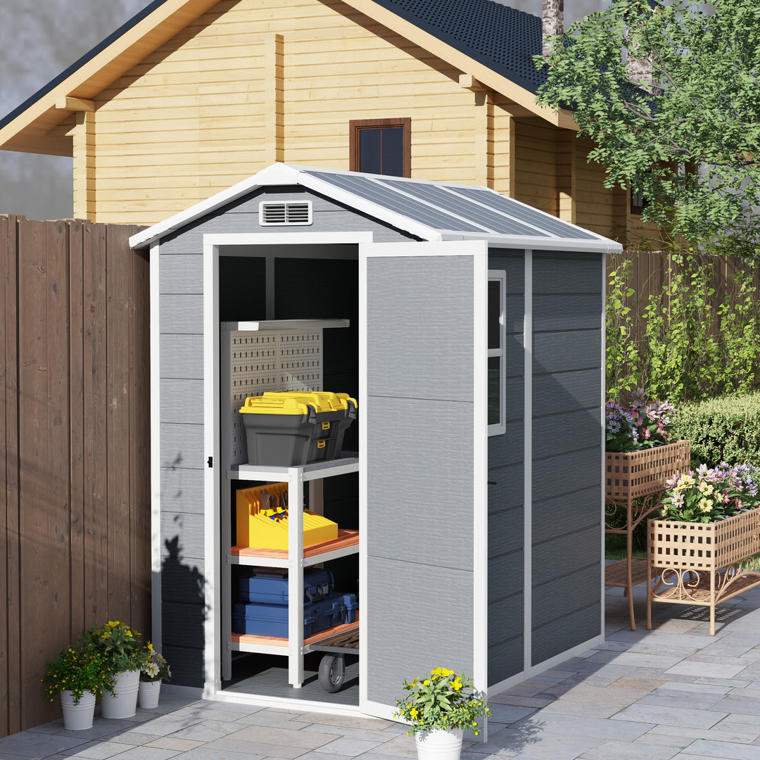 4 x 6ft Garden Shed, Plastic Shed with Floor, Window, Lockable Door and Vents, Resin Tool Shed for Outdoor Patio Storage, Zero Maintenance, Grey