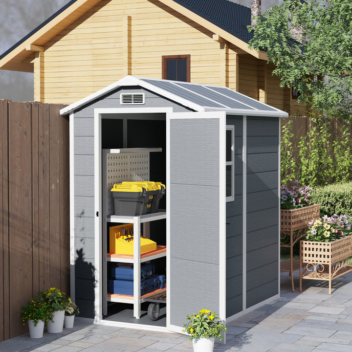 4 x 6ft Garden Shed, Plastic Shed with Floor, Window, Lockable Door and Vents, Resin Tool Shed for Outdoor Patio Storage, Zero Maintenance, Grey