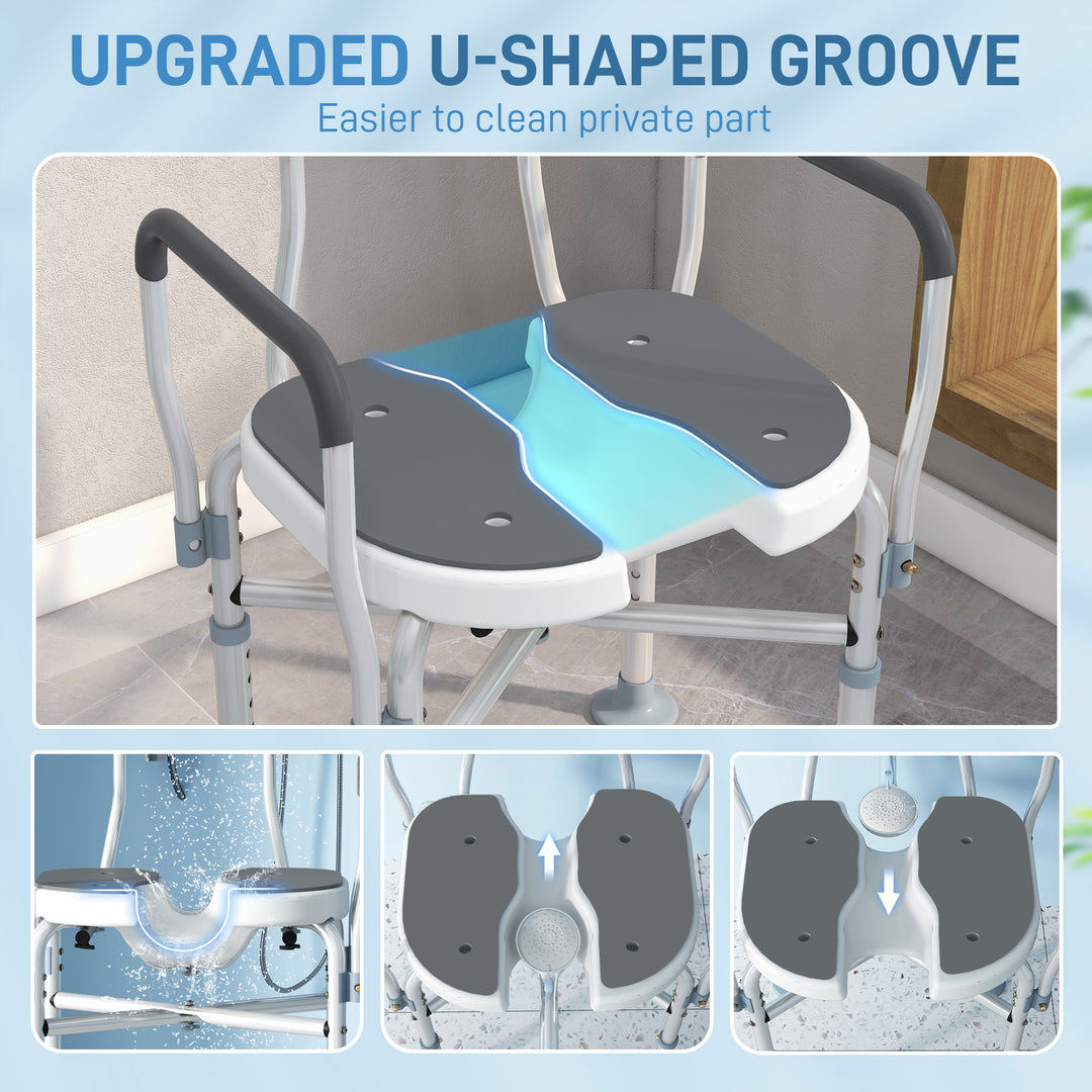 Shower Chair with Upgraded U-shaped Seat and Reinforced Crossbars, Height Adjustable Padded Bath Chair with Non-slip Feet for Elderly Seniors Disabled Handicap, Tool-Free Assembly, Grey