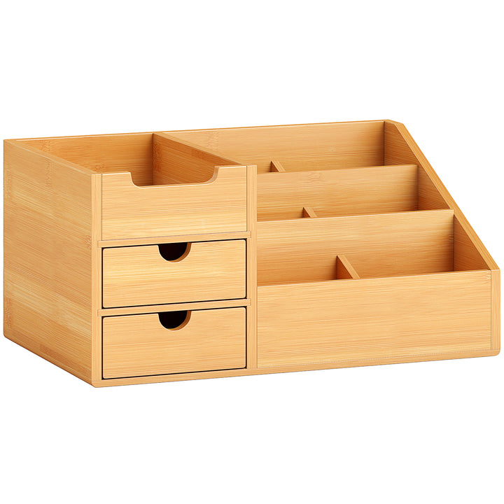 Desk Organiser Holder, Bamboo Multi-Function Storage Caddy with 7 Storage Compartments and 2 Drawers for Home Office Stationary Supplies, Natural Bamboo