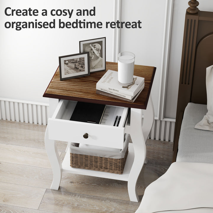 2pcs Bedside Tables with Drawer, French Style Bedside Cabinets with Open Shelf for Bedroom, Living Room, White
