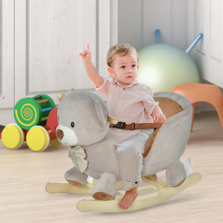 MCL Kids Children Rocking Horse Plush Ride On Bear Seat w/ Sound Wood Base Seat Safety Belt Toddler Baby Toy for 18-36 Months Grey