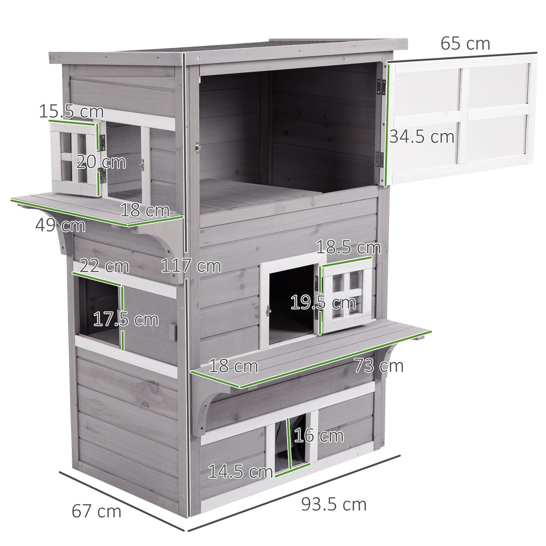 Three-Tier wooden Kitten Shelter, Outdoor Cat House, with Jumping Platforms, Asphalt Roof, Doors - Grey