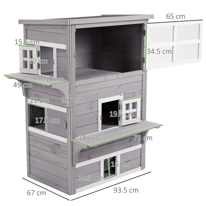Three-Tier wooden Kitten Shelter, Outdoor Cat House, with Jumping Platforms, Asphalt Roof, Doors - Grey