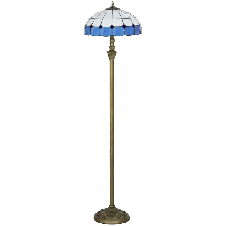 MCL Tiffany-Style Floor Lamp with Handcrafted Stained Glass Shade, 152cm Tall Vintage Standing Lamp with Foot Switch and Dual Sockets for Living Room Bedroom, Bronze Tone and Blue