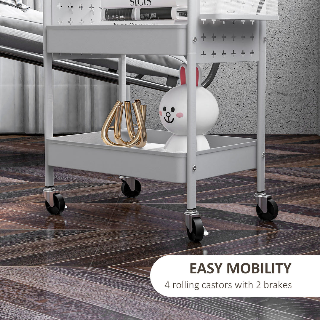 HOMCOM 3-tier Storage Trolley on Wheels, Rolling Utility Serving Cart w/ 3 Mesh Baskets, 2 Hanging Boxes & 6 Hooks for Living Room, White | Aosom UK