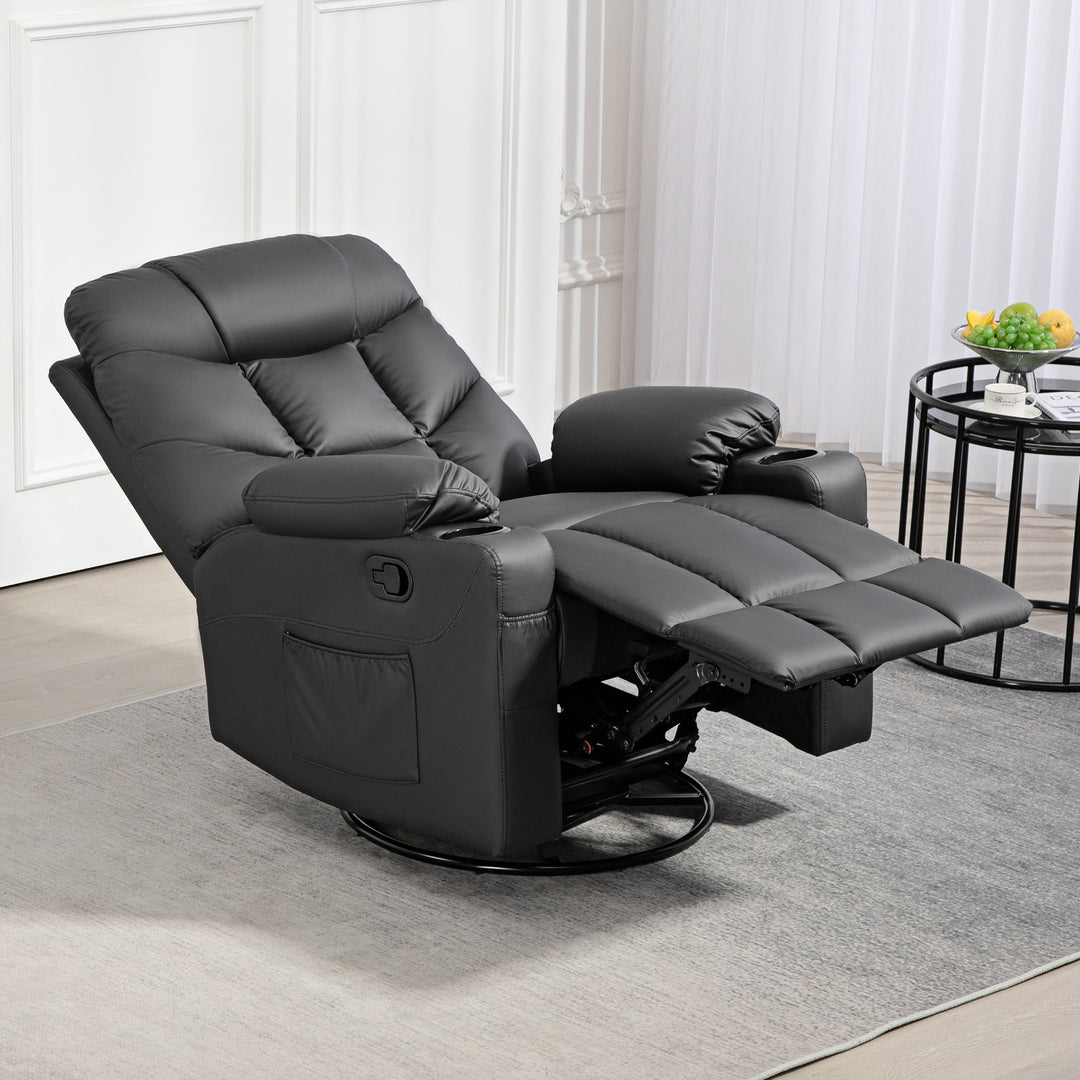 HOMCOM Manual Reclining Chair, Recliner Armchair with Swivel, Faux Leather, Footrest, Cup Holders, 86x93x102cm, Black