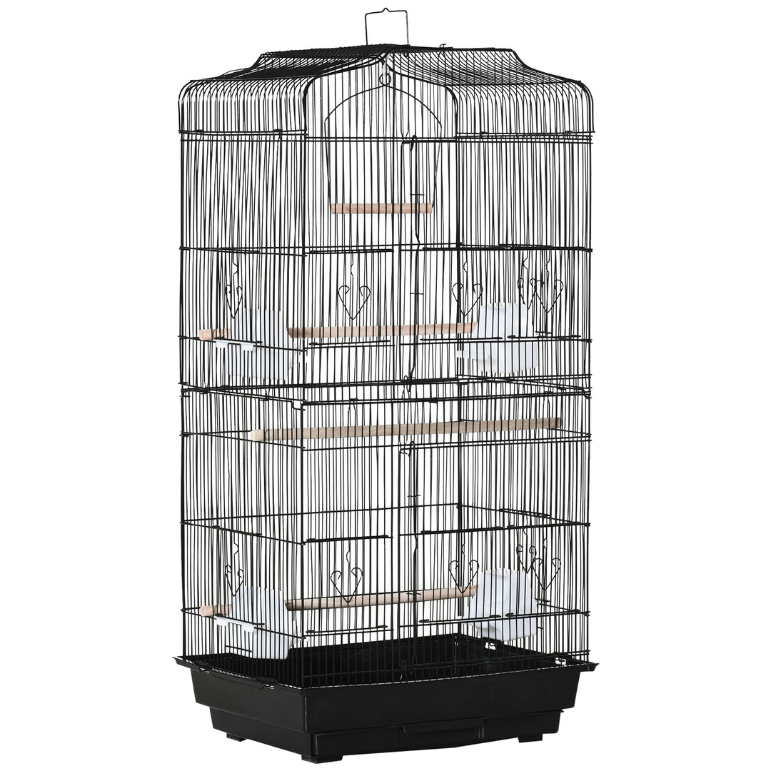 MCL Large Metal Bird Cage with Stand, Perches, Food Bowls, Swing, for Budgies, Parakeets, Black