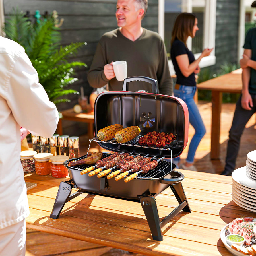 Charcoal Barbecue Grill Folding BBQ Grill with 1232 cm² Cooking Area, Adjustable Vent, Thermometer, Handles for Camping Picnic, Red