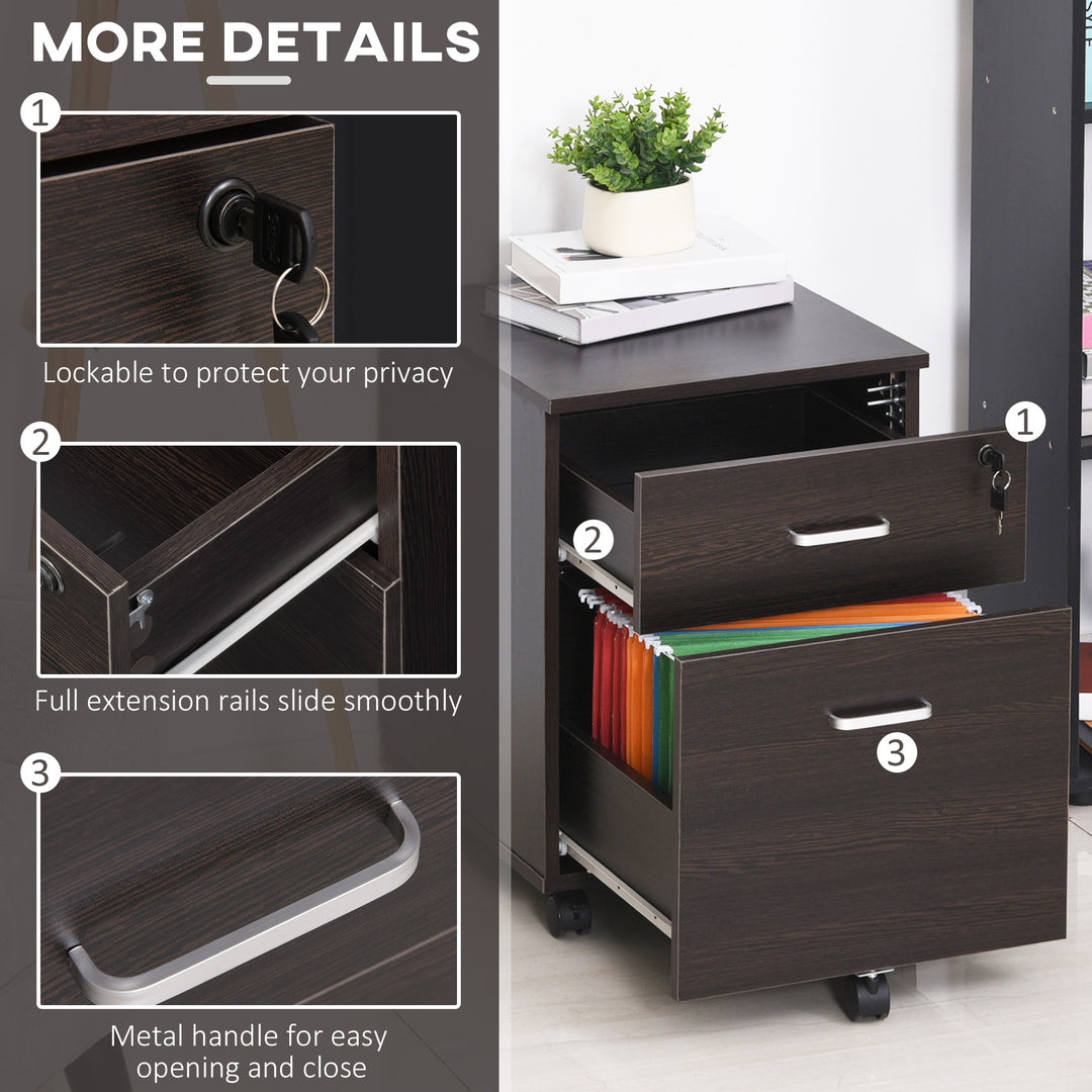 2-Drawer Locking Office Filing Cabinet w/ 5 Wheels Rolling Storage Hanging A4 Cupboard Home Organisation Black Wood Grain
