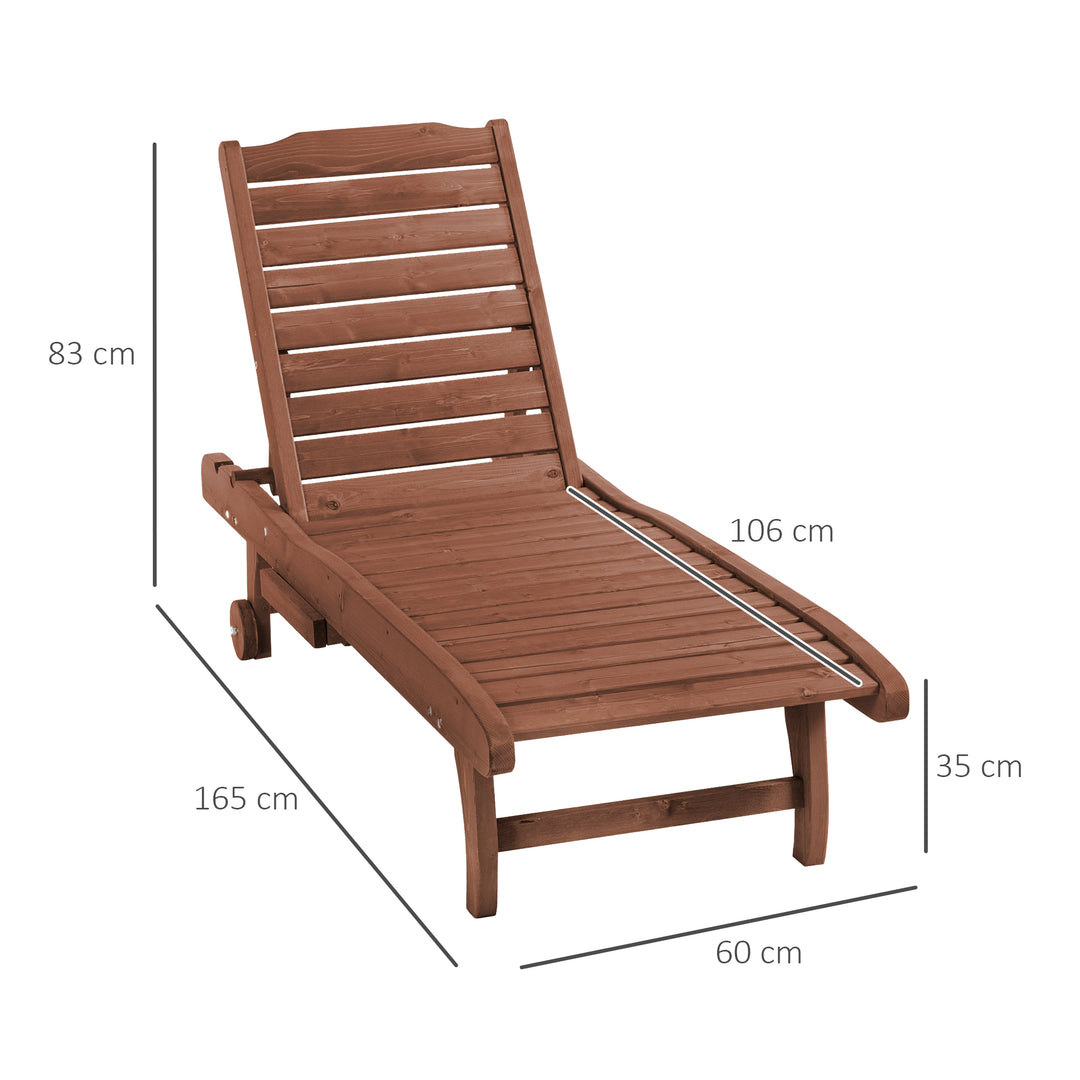 Outdoor Wooden Lounger Chair, Sun Bed with Built-In Table, Adjustable Backrest and Wheels, Red Brown