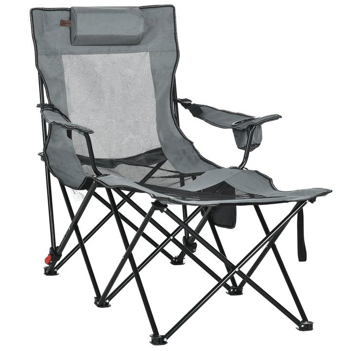 Outsunny Reclining Garden Chair, Foldable with Footrest, Adjustable Backrest, Headrest, Cup Holder, Carry Bag, Grey | Aosom UK