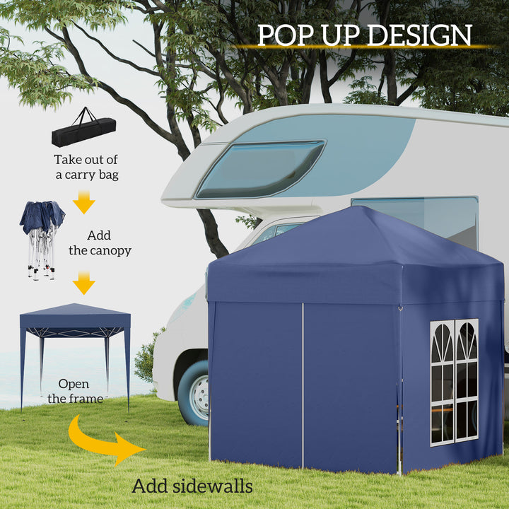 2 x 2 m Garden Pop Up Gazebo, Wedding Party Tent Marquee, Water Resistant Awning Canopy with Sidewalls, Windows, Carry Bag, Blue