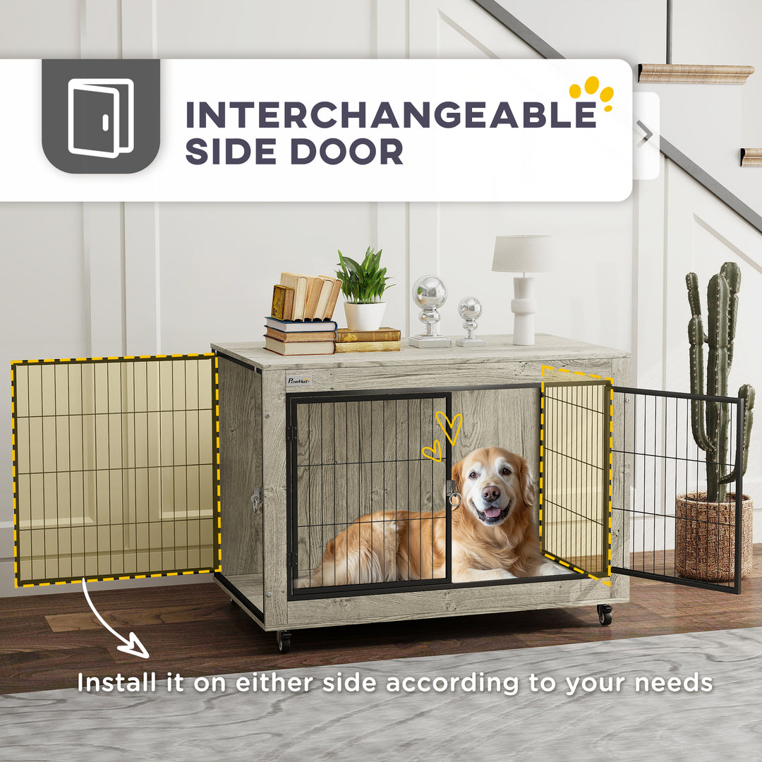 Dog Crate Furniture with Wheels, Double Doors, for Large Dogs, Grey