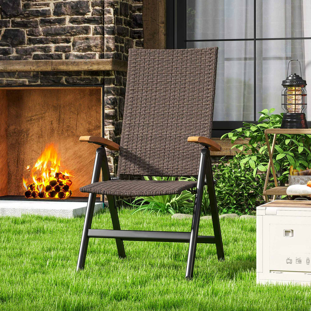 Folding Rattan Garden Dining Chair with 5-level Reclining High Back, Wood Armrests for Outdoor, Patio - Brown