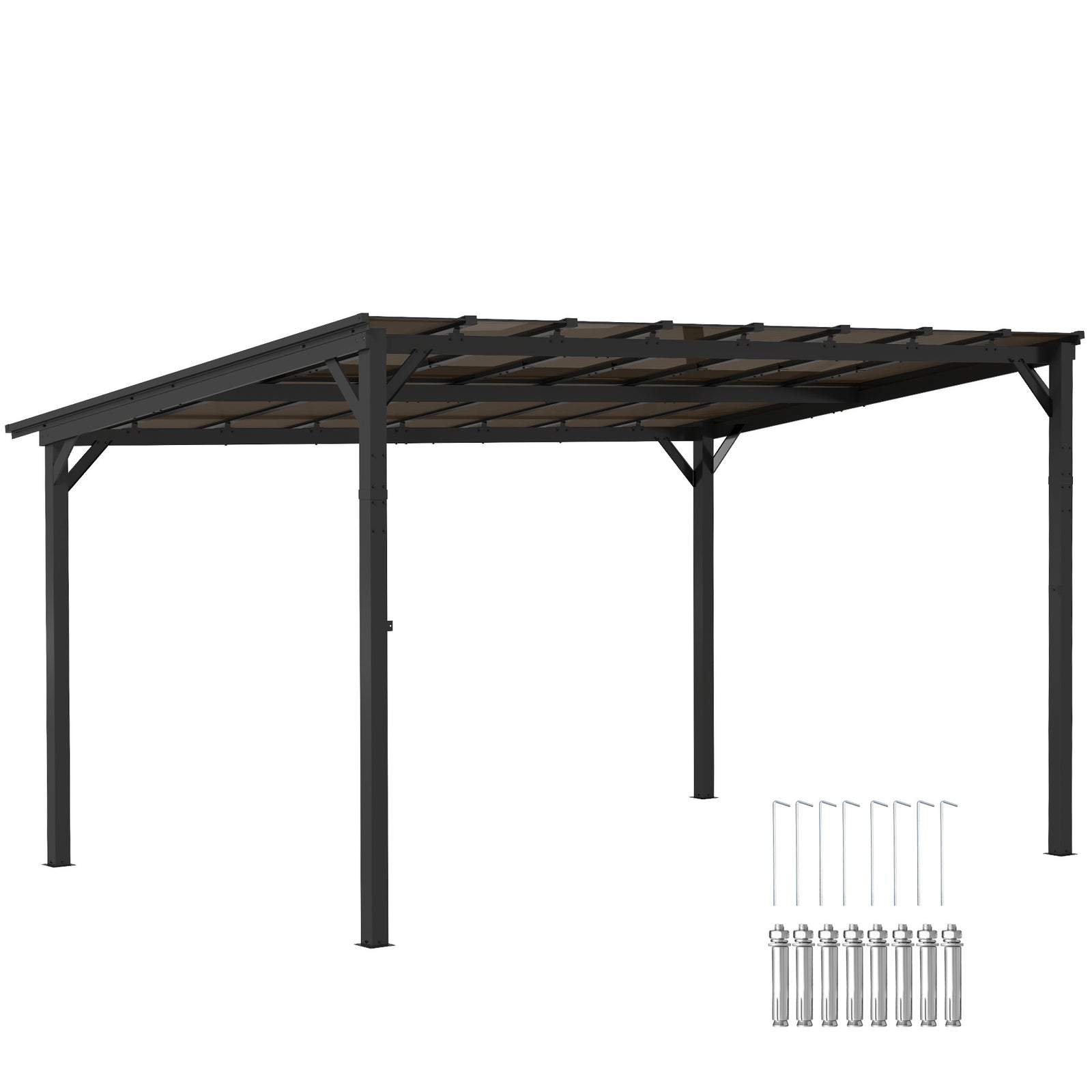 3 x 4.3m Metal Pergola with UPF 50+ and Waterproof Polycarbonate Roof, Wall-Mounted or Free Standing Garden Gazebo, Wind-resistant Outdoor Sun Shade, Dark Grey