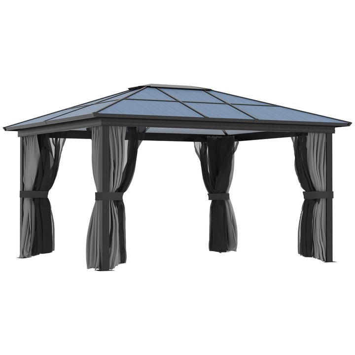 3.6 x 4m Hardtop Gazebo Canopy with Polycarbonate Roof, Aluminium Frame, Permanent Pavilion Garden Gazebo with Netting and Curtains for Patio, Deck, Dark Grey