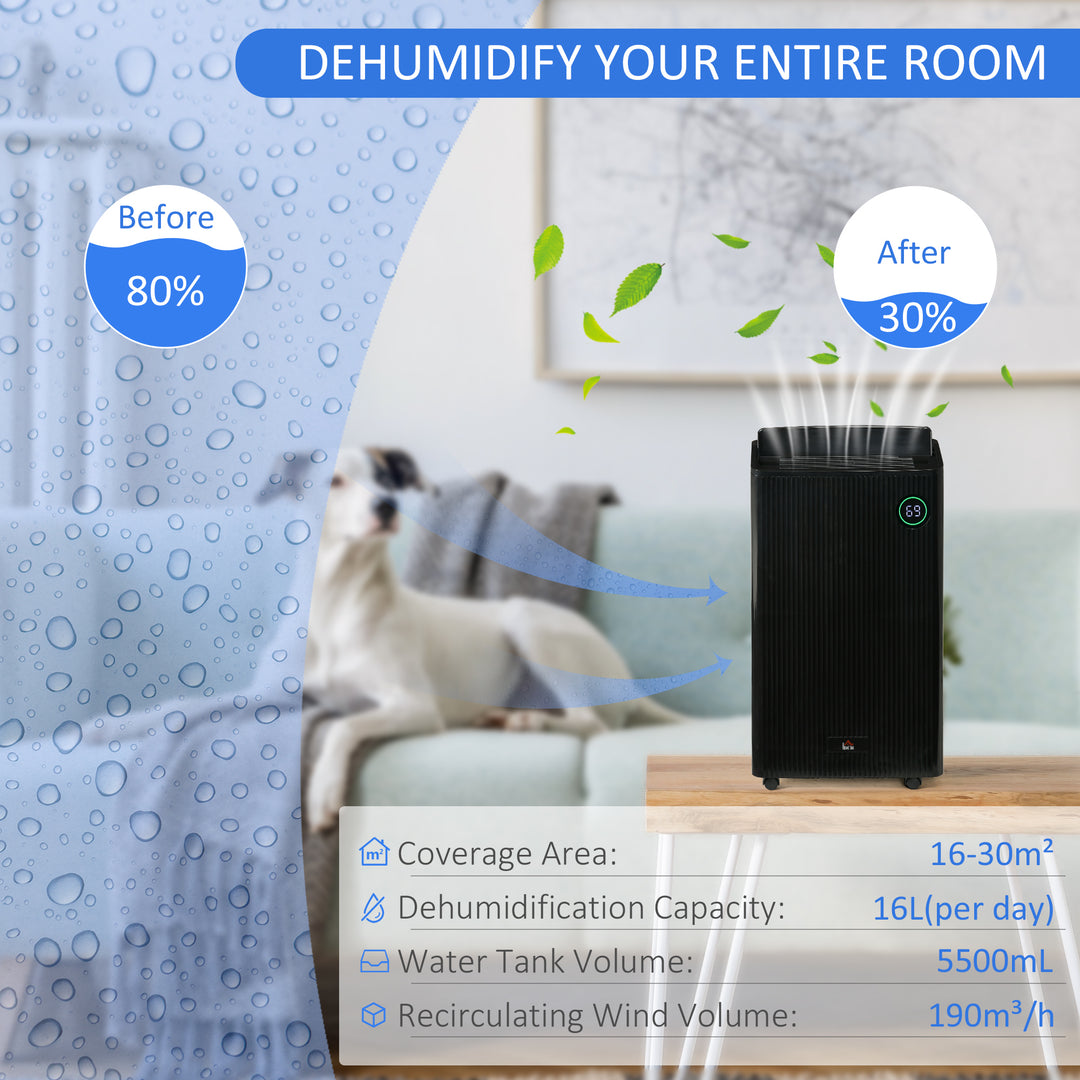 HOMCOM 5500mL Portable Dehumidifier with Air Purifier, UVC, Ioniser, 24H Timer, 5 Modes, 16L/Day, for Home Laundry, Black