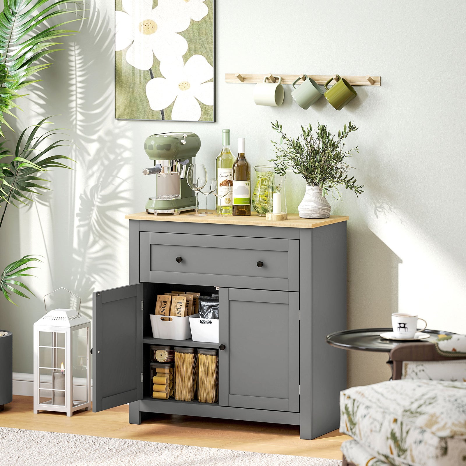 Sideboard Storage Cabinet, Morden Kitchen Cupboard with Adjustable Shelf, Drawer and Double Doors, Sideboard for Living Room, Dining Room, Hallway, Grey